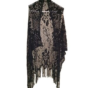 Women OS Black Lace Fringe Kimono Cardigan Whimsigoth Boho Crochet Sheer Duster
